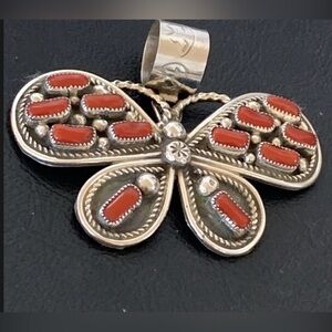 .925 Sterling Silver Native American and Coral Butterfly Pendant & necklace